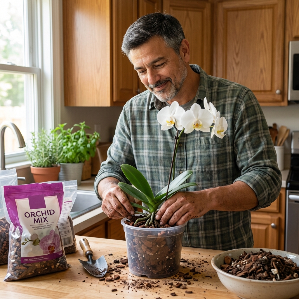 A real photograph of an orchid being repotted into a clear plastic pot with fresh bark mix on a kitchen counter
