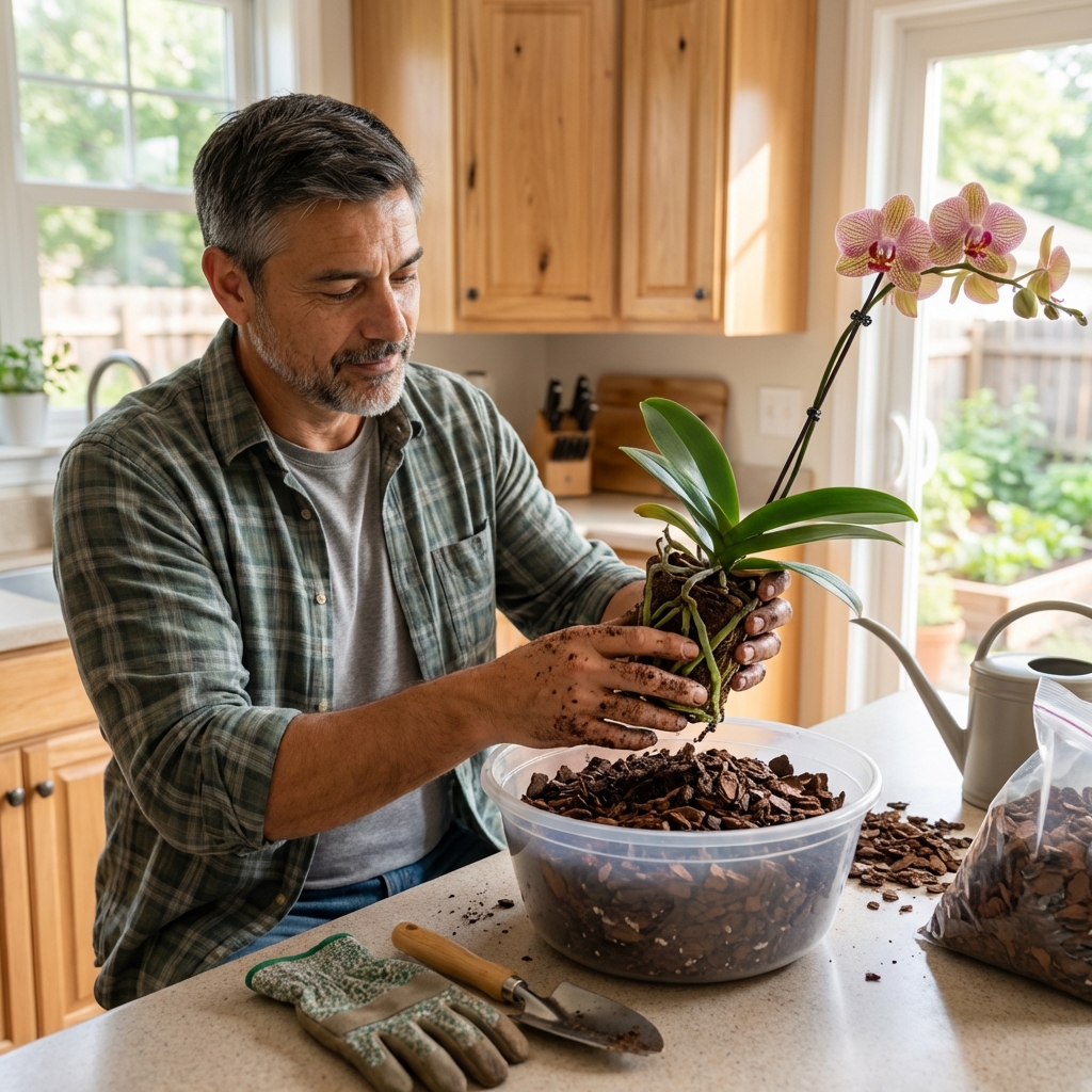 A real photograph of an orchid being repotted with fresh bark mix on a kitchen counter