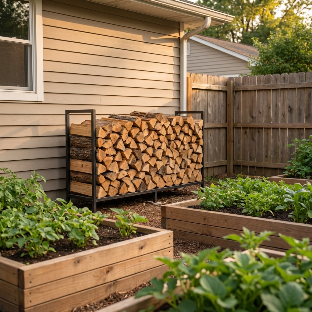 A real photograph of an outdoor woodpile stacked neatly on a raised rack away from a house wall