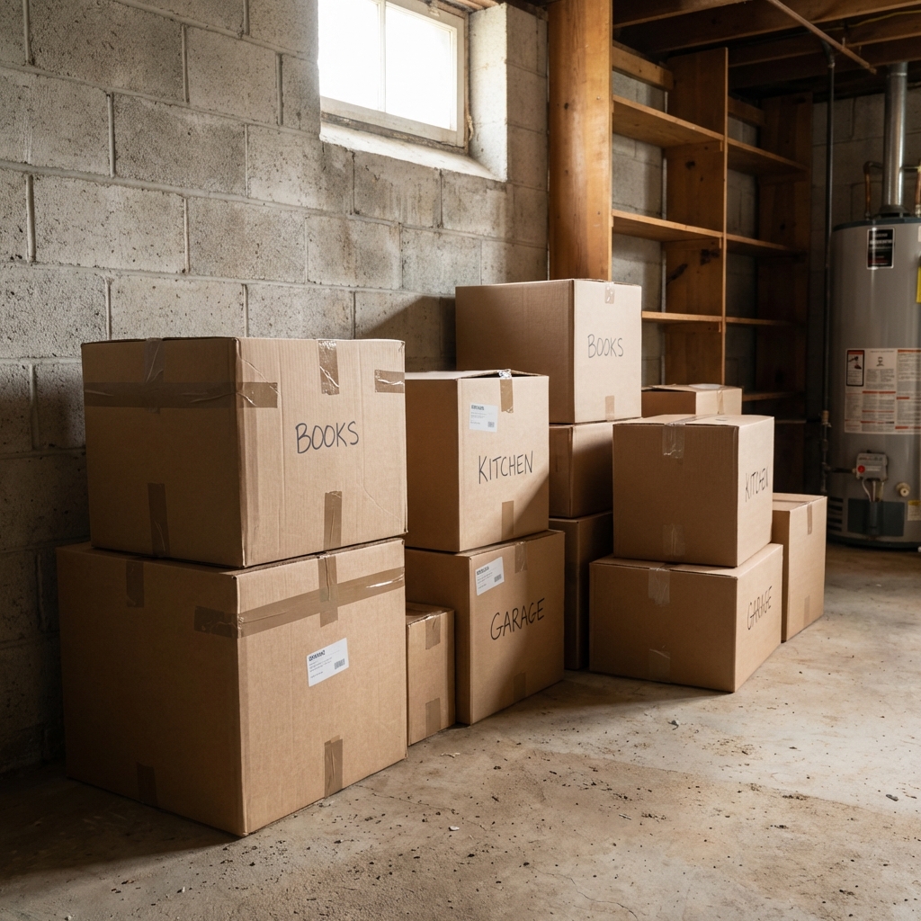 A real photograph of cardboard storage boxes stacked on a basement floor near a concrete wall