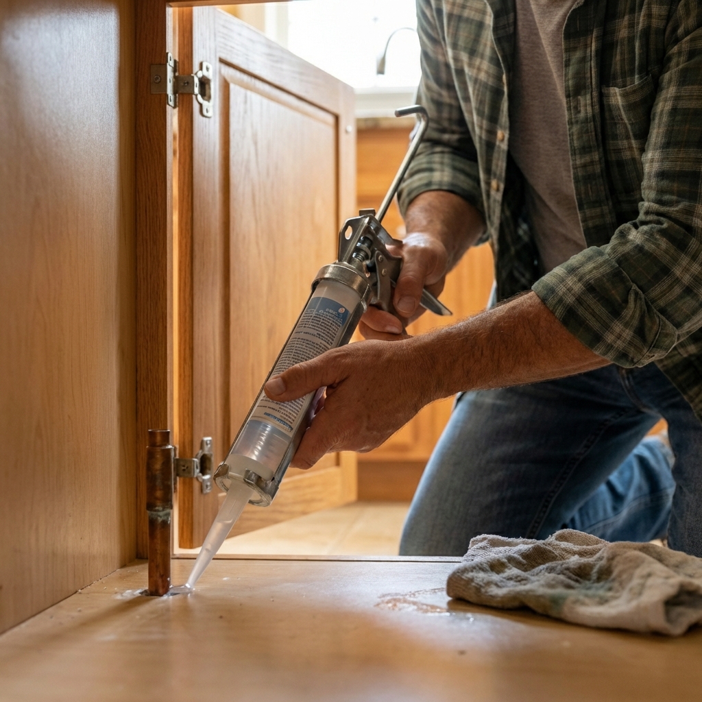 A real photograph of clear silicone caulk being applied to a small gap where a pipe enters a kitchen cabinet