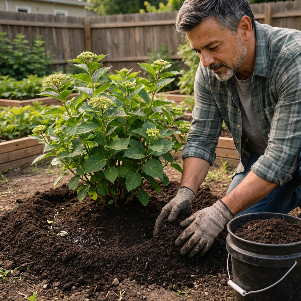 A real photograph of compost being spread in a ring around the base of a hydrangea shrub