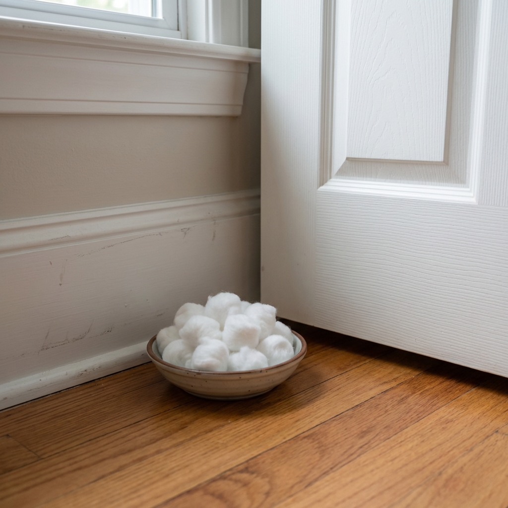 A real photograph of cotton balls in a small dish beside a baseboard near a pantry door