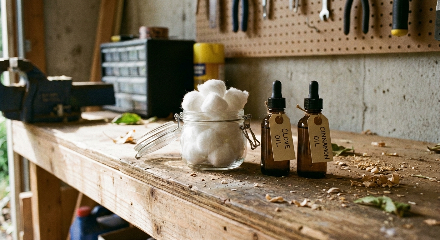 A real photograph of cotton balls in a small open jar next to clove and cinnamon essential oil bottles on a garage shelf
