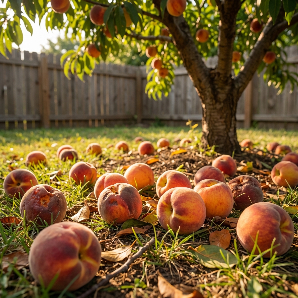 A real photograph of fallen peaches on the ground under a fruit tree in a backyard