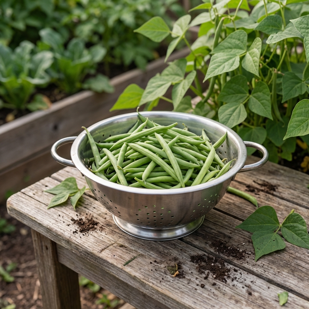 A real photograph of fresh slender green beans in a colander on an outdoor garden table with leaves in the background