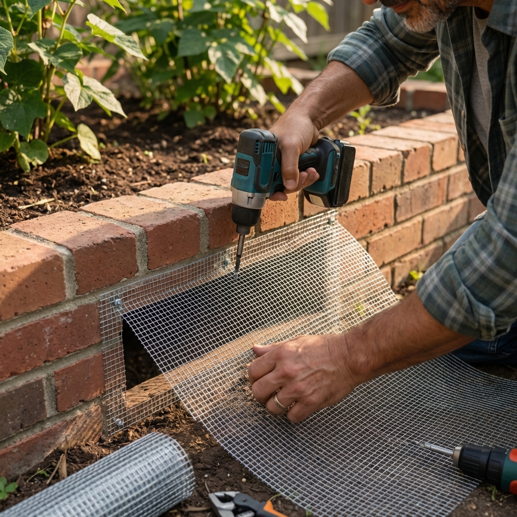 A real photograph of hands installing hardware cloth over a crawlspace vent on a home foundation