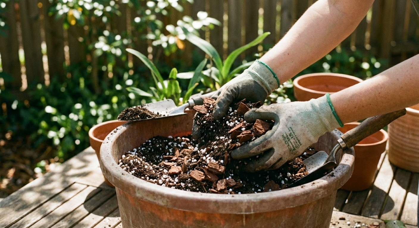 A real photograph of hands mixing potting medium with perlite and orchid bark in a large bucket outdoors