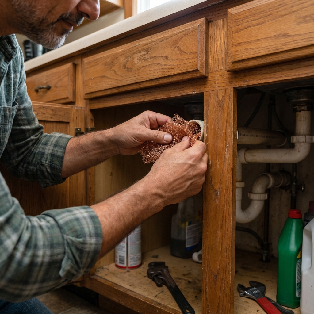 A real photograph of hands stuffing copper mesh into a small hole around a pipe under a kitchen sink