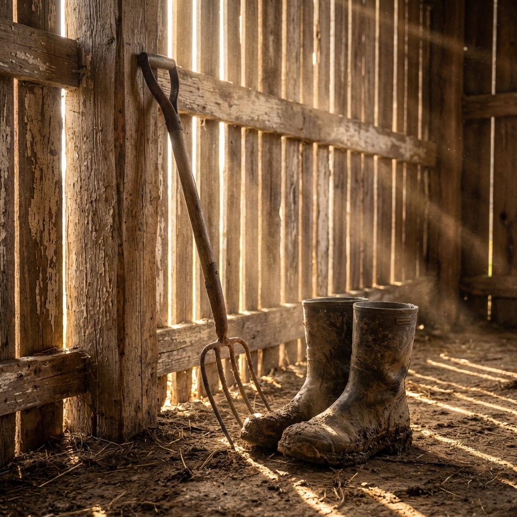 A real photograph of muddy boots and a pitchfork leaning against a barn wall with morning light coming through wooden slats