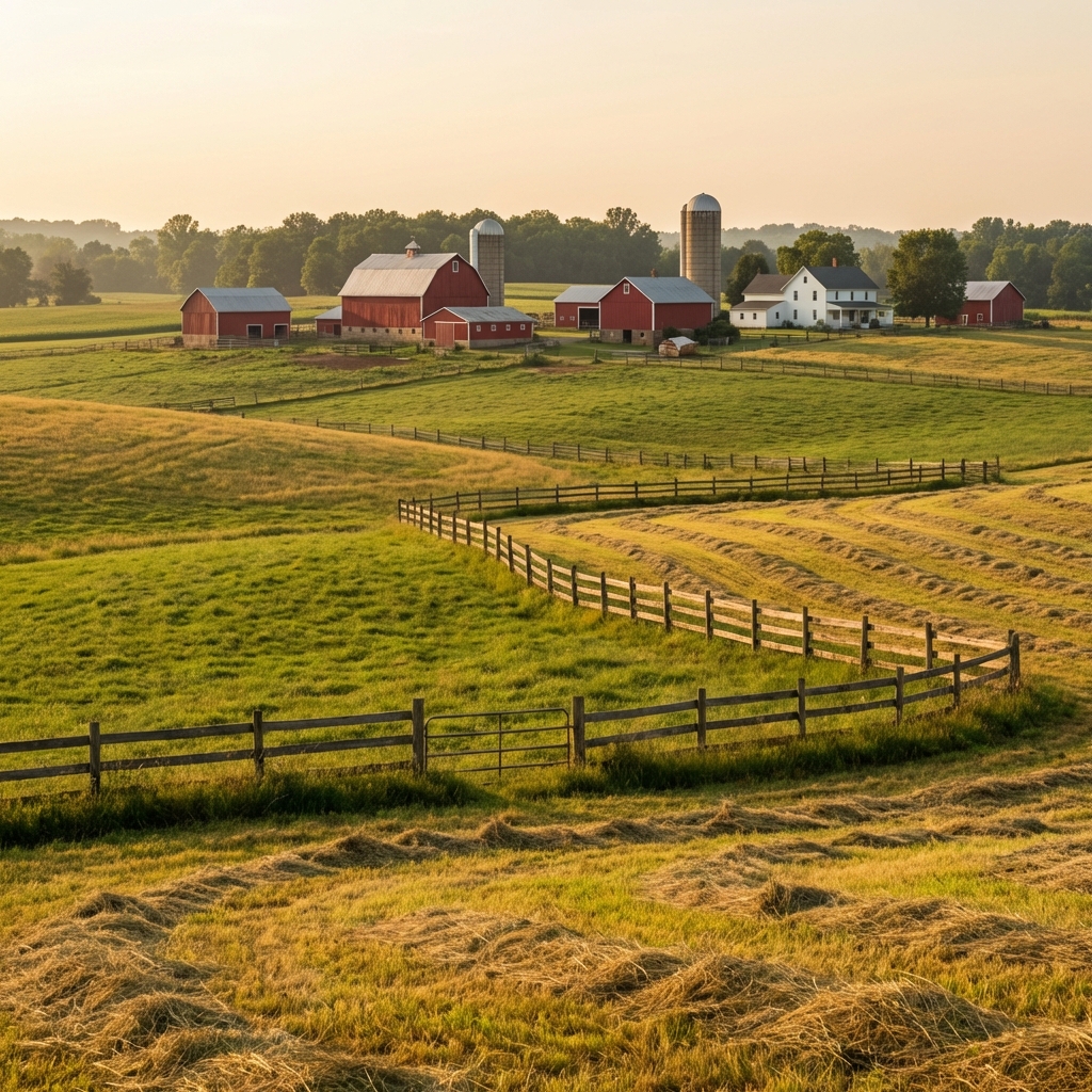 A real photograph of rolling pasture and hay fields in Holmes County, Ohio with a fence line and a few farm buildings in the distance