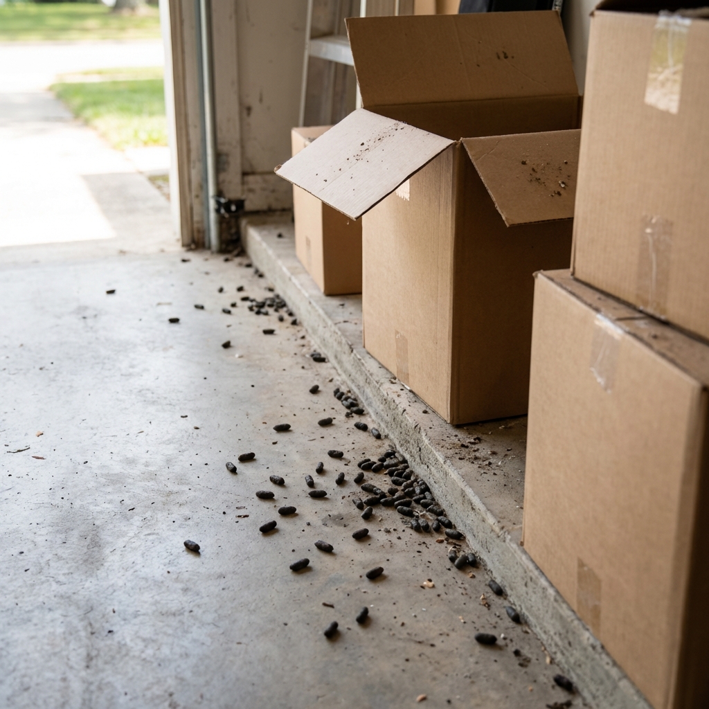 A real photograph of small rat droppings along a garage wall near stored boxes