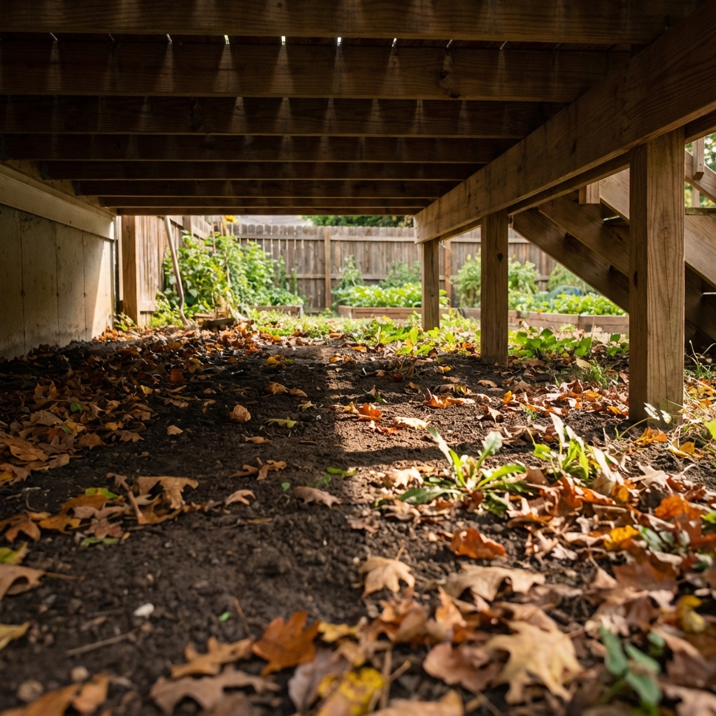 A real photograph of the shady space beneath a backyard deck with scattered leaves and a patch of bare soil