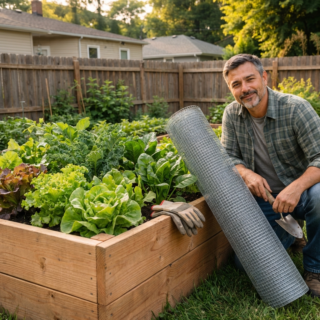 A real raised garden bed with leafy greens and a roll of hardware cloth leaning against the bed in a backyard