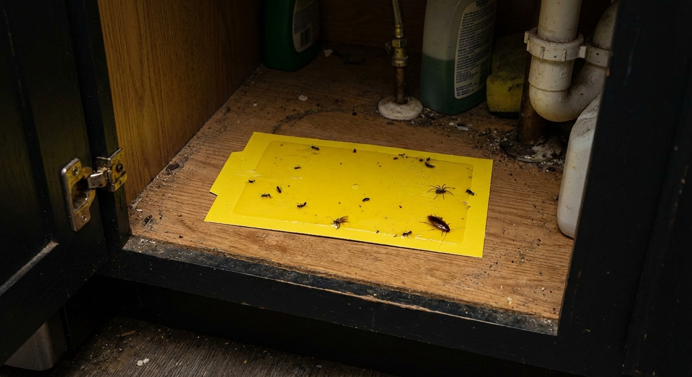 A real sticky pest monitor trap placed under a kitchen sink on the cabinet floor