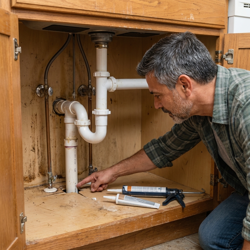 A real under-sink cabinet with plumbing pipes and a small gap around the pipe being targeted for sealing