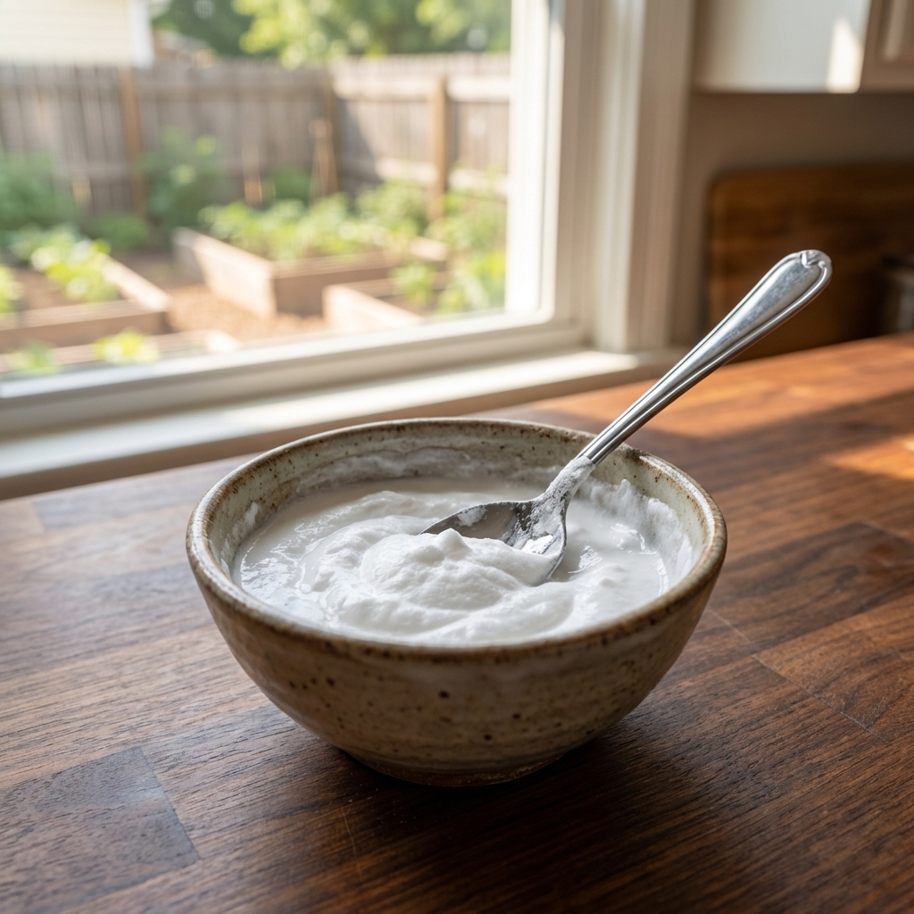 A realistic photo of a small bowl with baking soda paste and a spoon on a kitchen counter