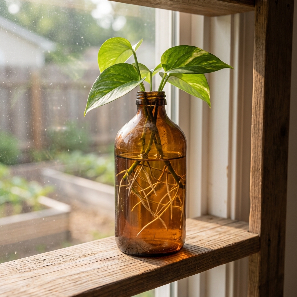 A recycled amber glass bottle holding pothos cuttings with roots, sitting on a shaded shelf near a window