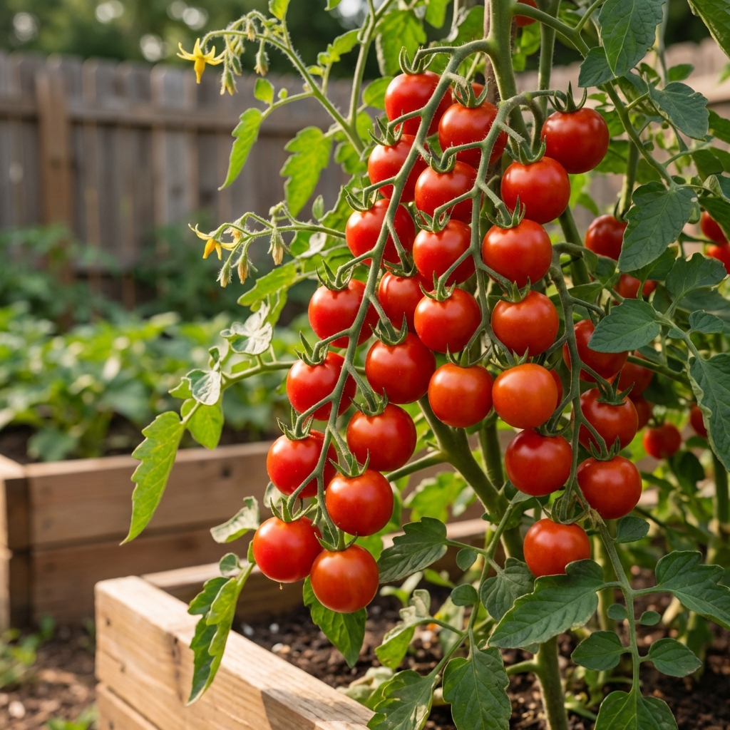 A ripe cluster of red cherry tomatoes on the vine in a backyard garden