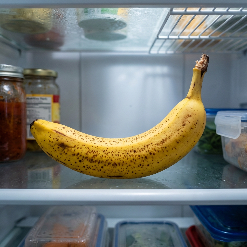 A ripe yellow banana with brown speckling resting on a refrigerator shelf