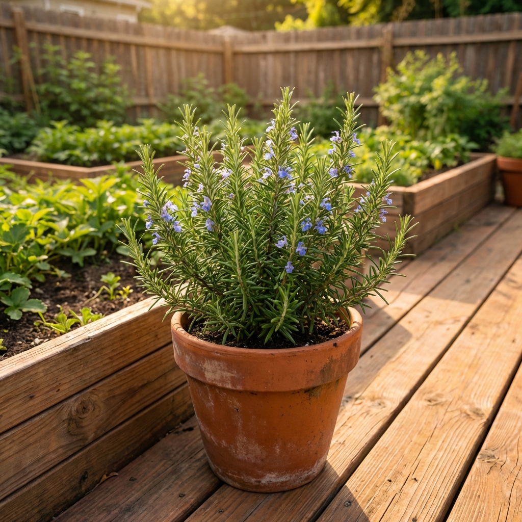 A rosemary plant growing in a terracotta pot on a sunny patio beside a garden bed