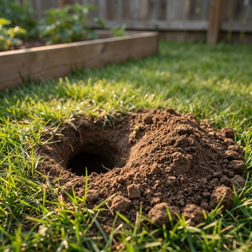 A round groundhog burrow entrance in a lawn with a small pile of fresh soil beside it