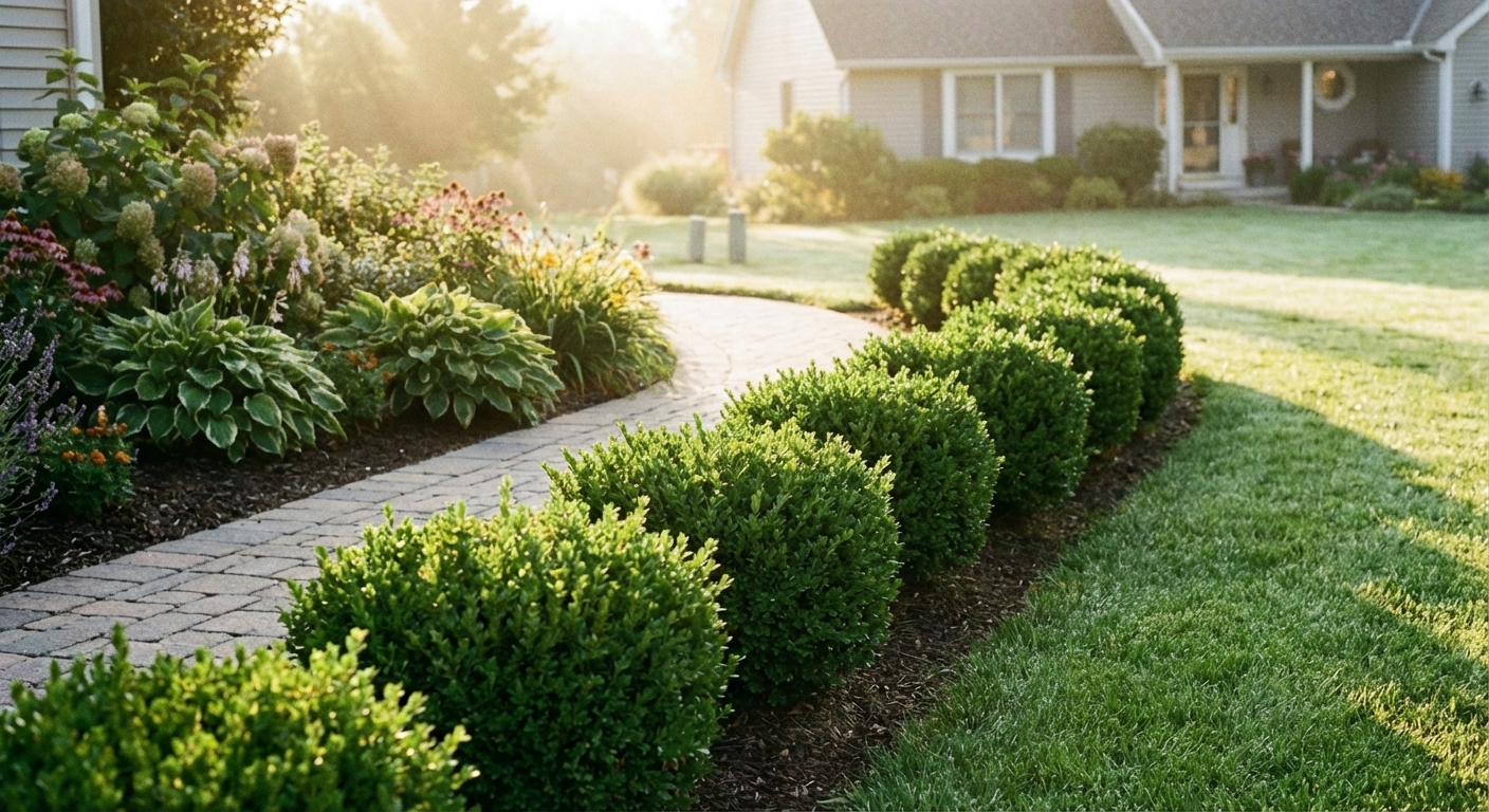 A row of boxwood shrubs lining a walkway in a residential garden