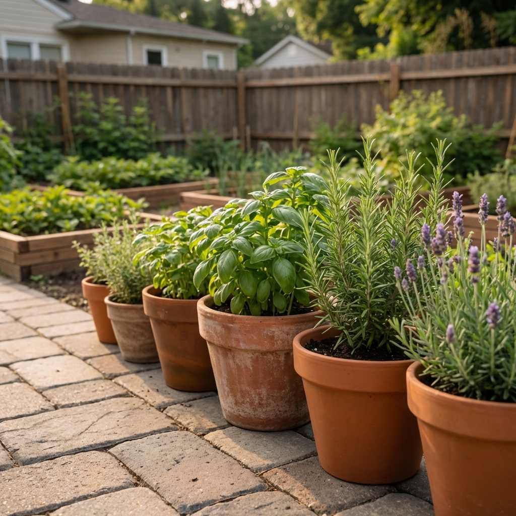 A row of potted basil, rosemary, and lavender arranged along the edge of a backyard patio