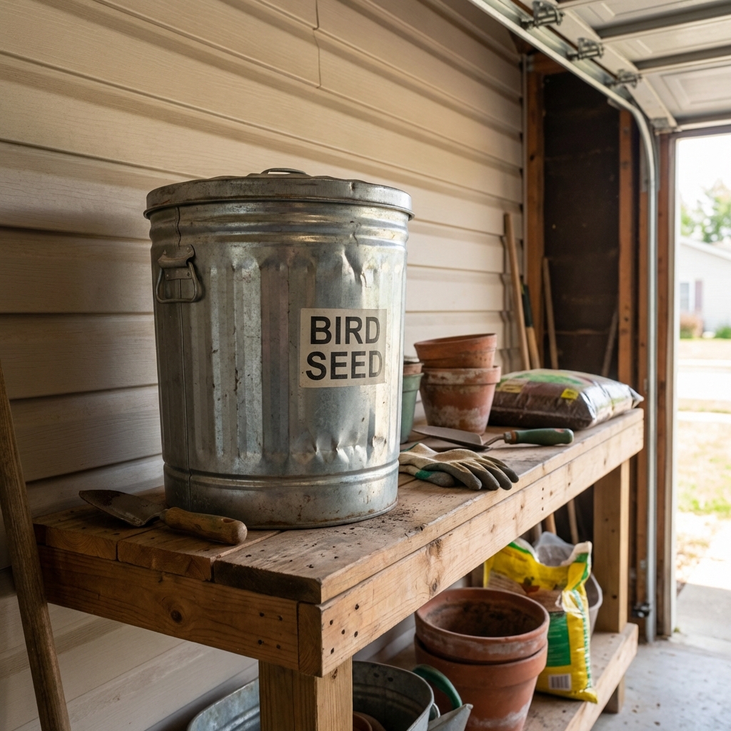 A sealed metal container for bird seed sitting on a garage shelf