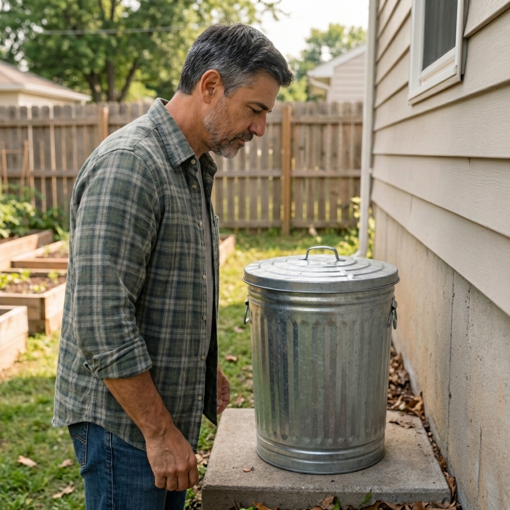 A sealed metal trash can with a tight-fitting lid placed on a concrete pad beside a house