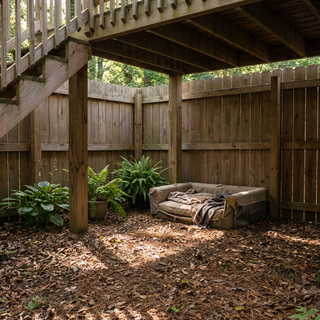 A shaded backyard corner under a deck with leaf litter and a dog bed nearby