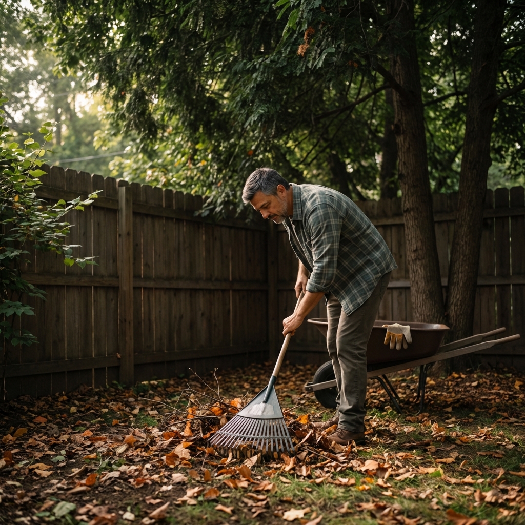 A shaded backyard corner with a rake and a small pile of leaf litter being cleaned up