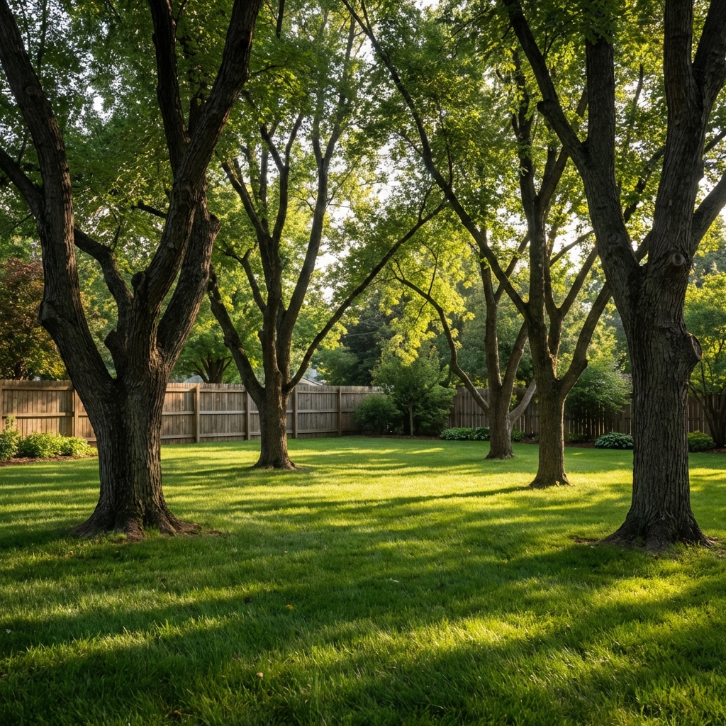 A shaded lawn under mature trees with selectively pruned lower branches letting more light through