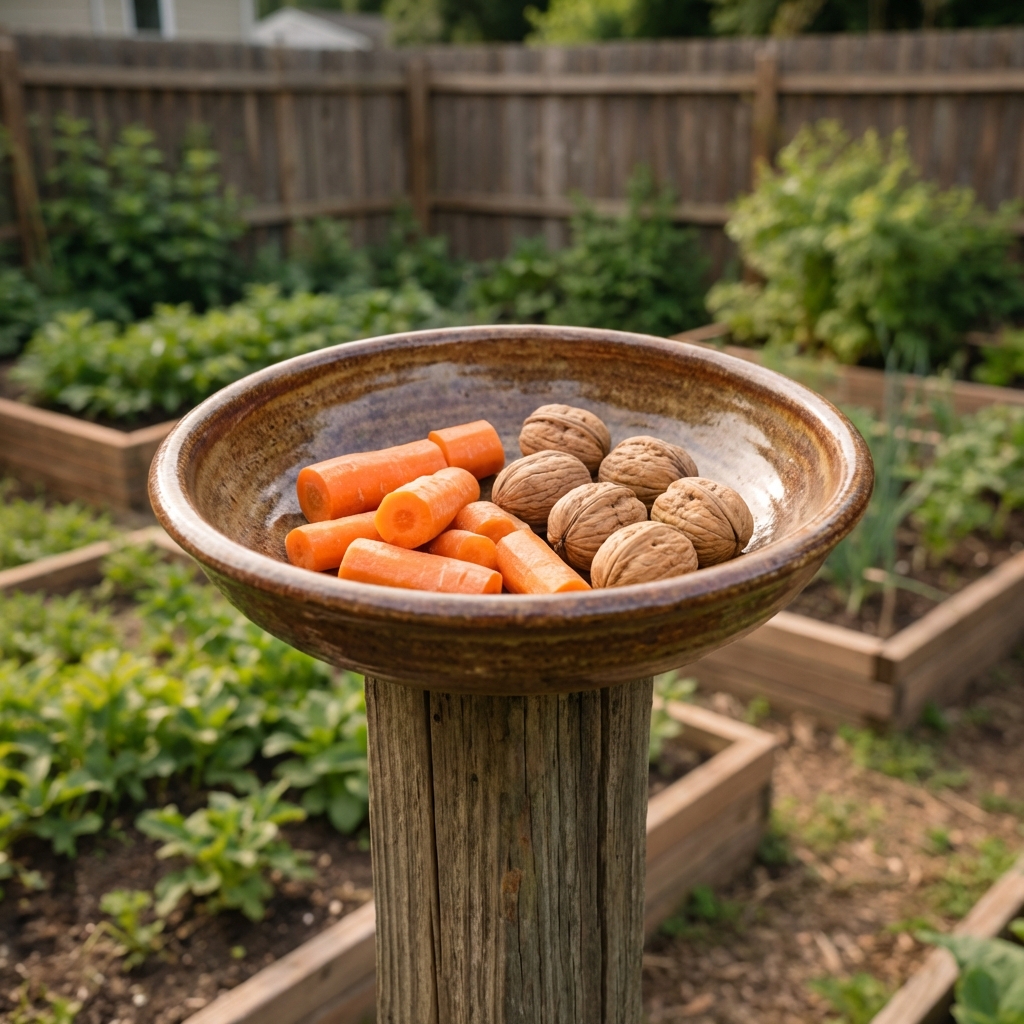 A shallow ceramic dish mounted on a wooden post in a garden with a few carrot pieces and walnuts inside