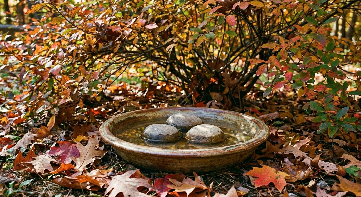 A shallow ceramic water dish with a few smooth stones sitting under a shrub in a backyard