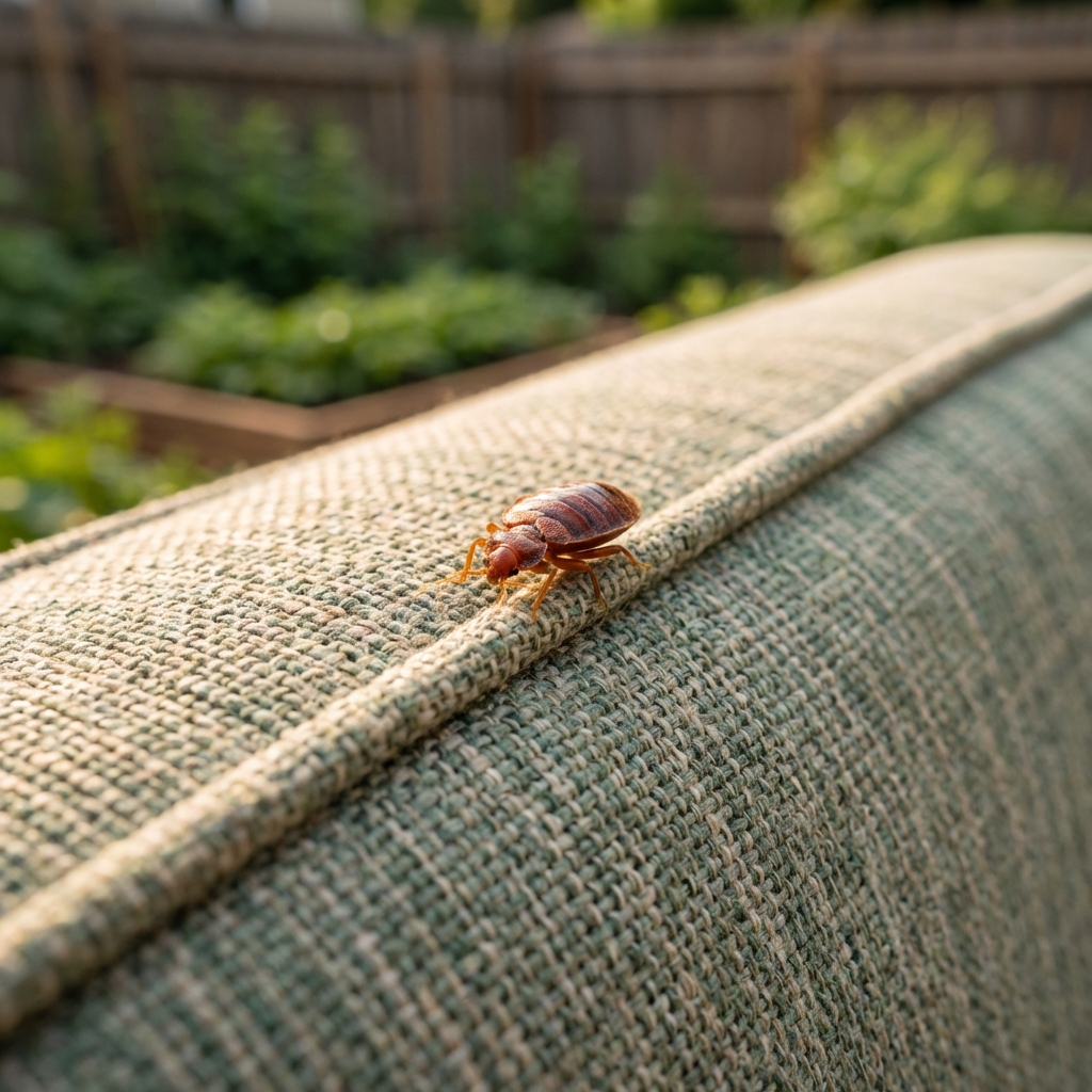 A sharp close-up photo of a bed bug crawling along the stitching seam of an outdoor cushion