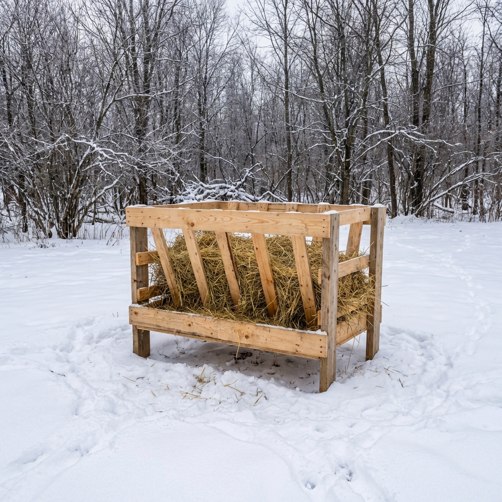 A simple wooden hay feeder in a snowy clearing near a wooded edge