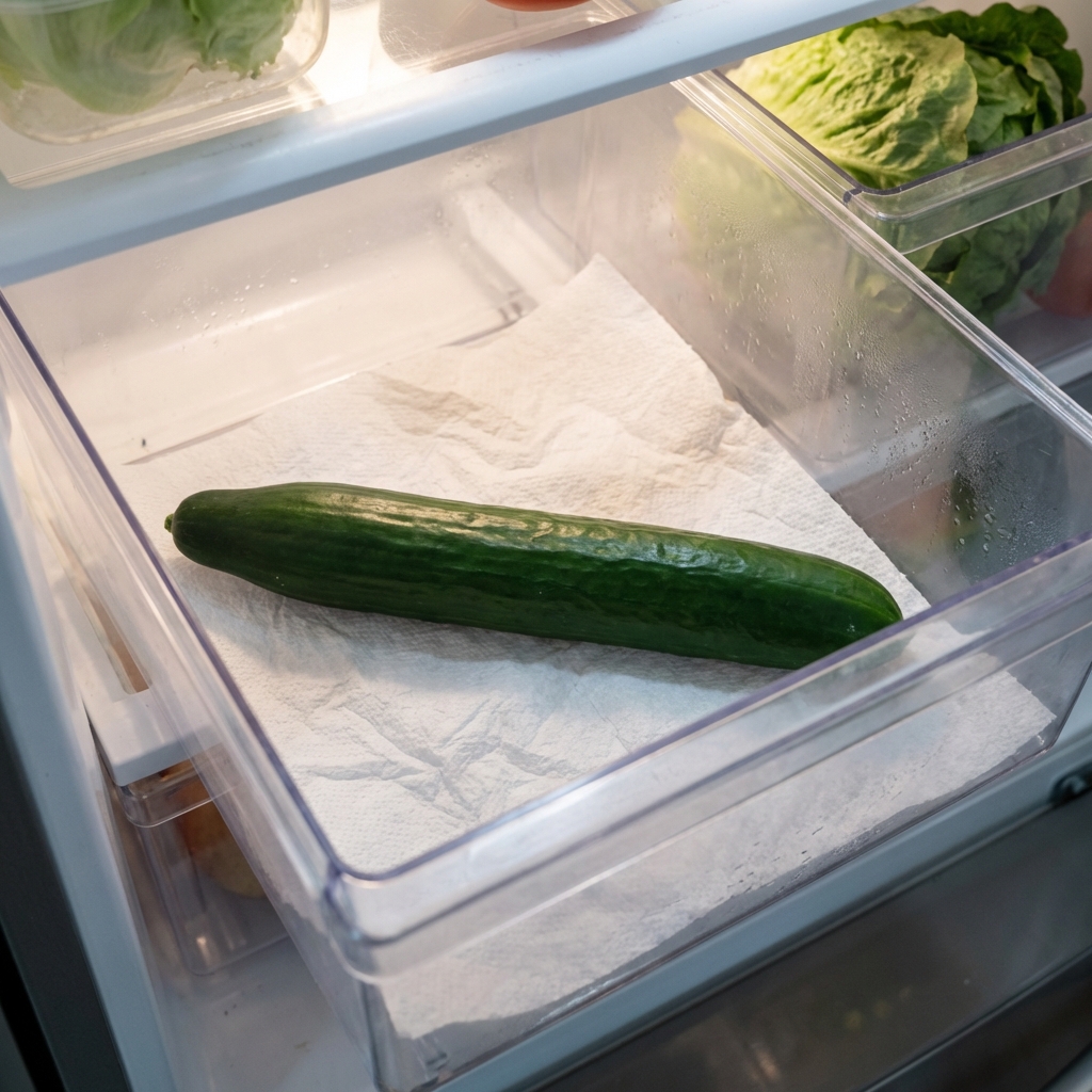 A single English cucumber stored in a refrigerator crisper drawer lined with a dry paper towel