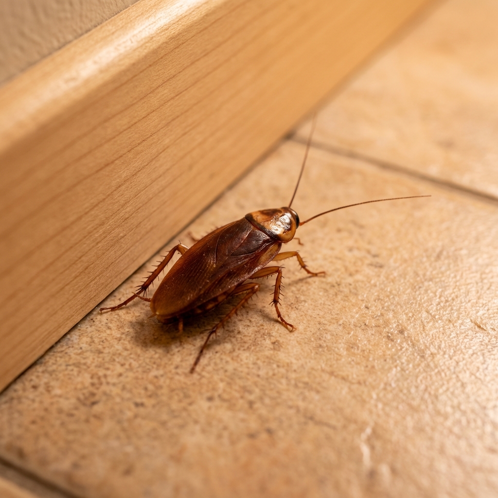 A single brown roach on a kitchen floor near a baseboard under warm indoor lighting