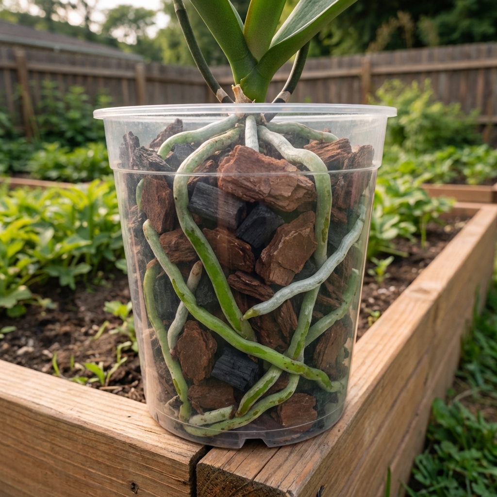 A single clear orchid pot showing firm green and silvery roots in chunky bark mix