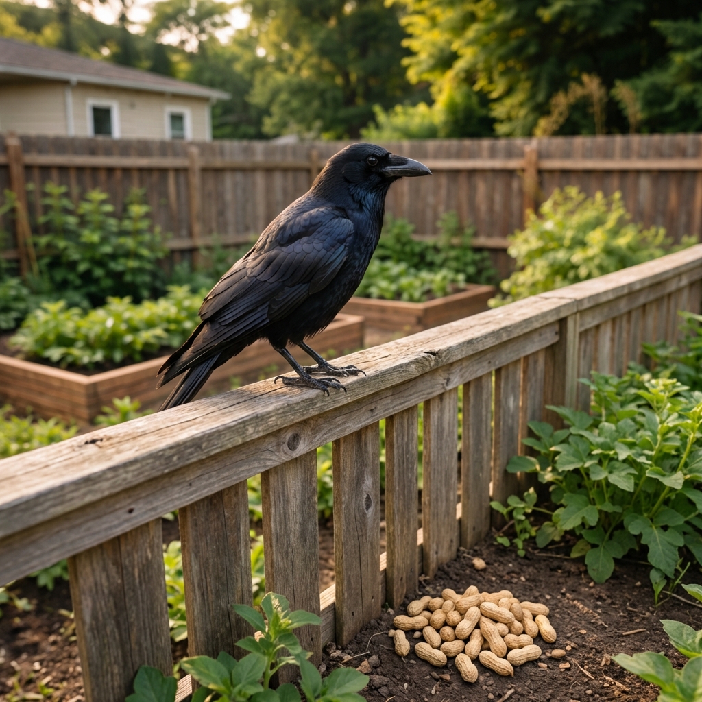 A single crow perched on a wooden fence near a small pile of unsalted peanuts on the ground in a backyard