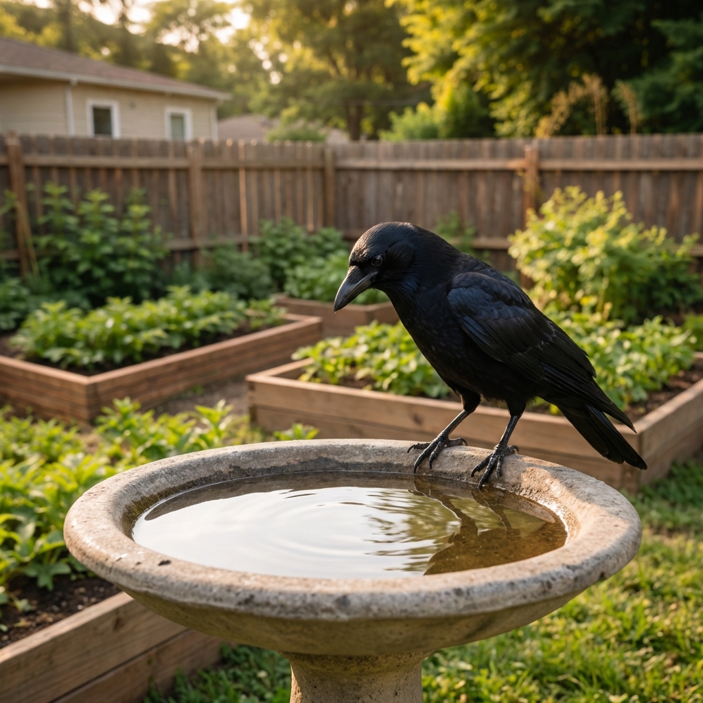 A single crow standing at the edge of a shallow birdbath with clean water in a backyard garden
