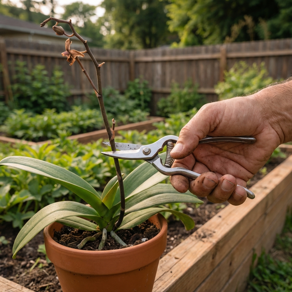 A single hand using clean pruning snips to cut a spent orchid flower spike near the base