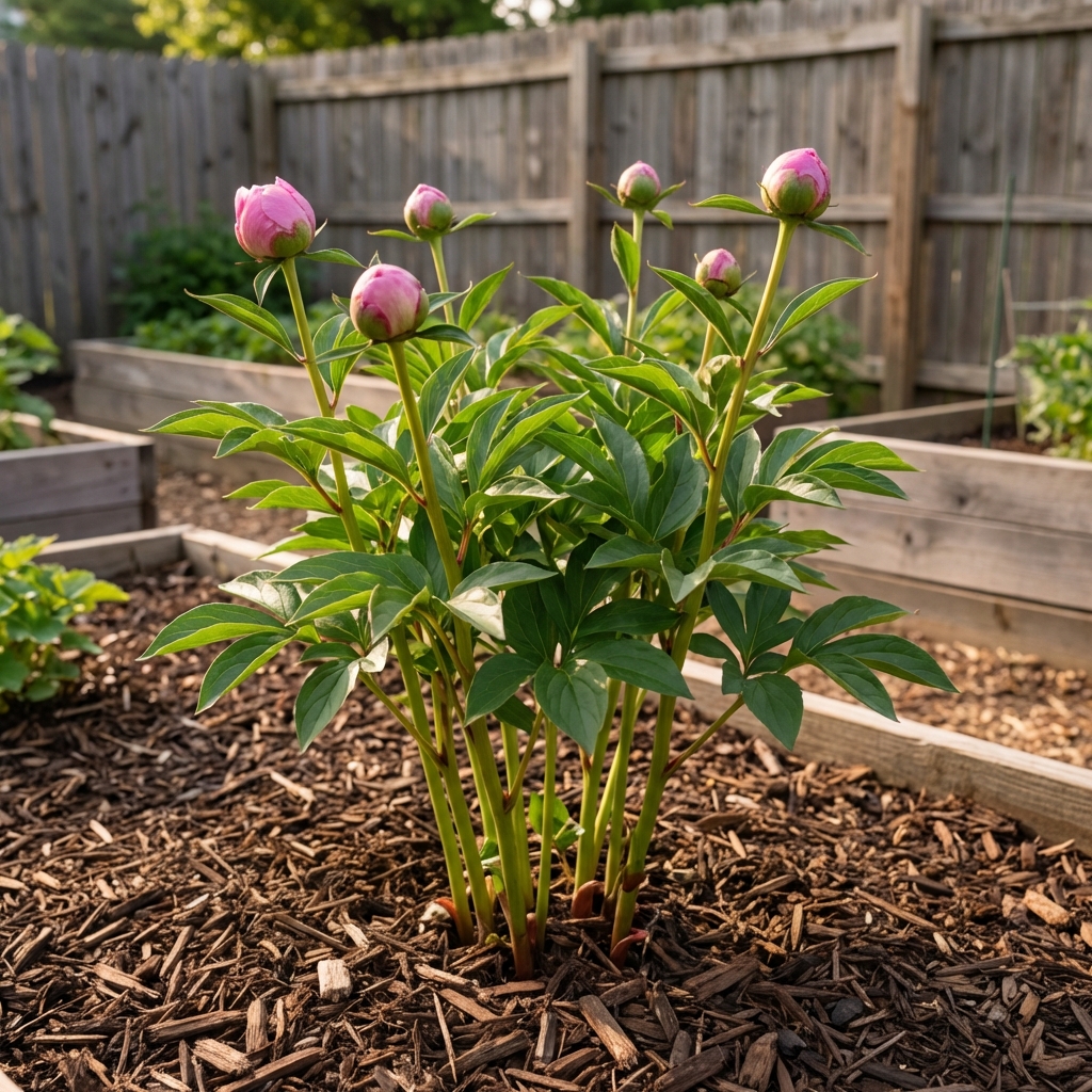 A single herbaceous peony plant with thick green stems and a few pink buds in a mulched garden bed