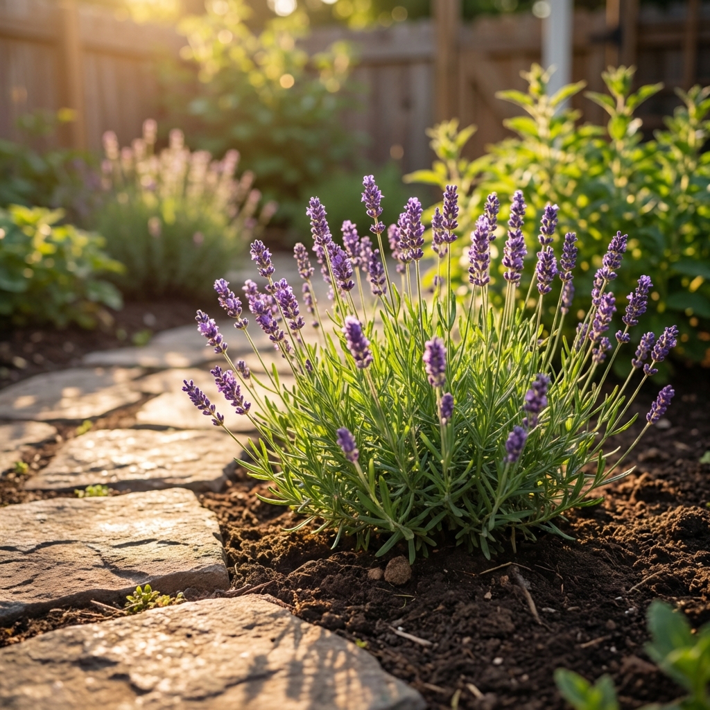 A single lavender plant blooming in a sunny garden bed beside a stone walkway