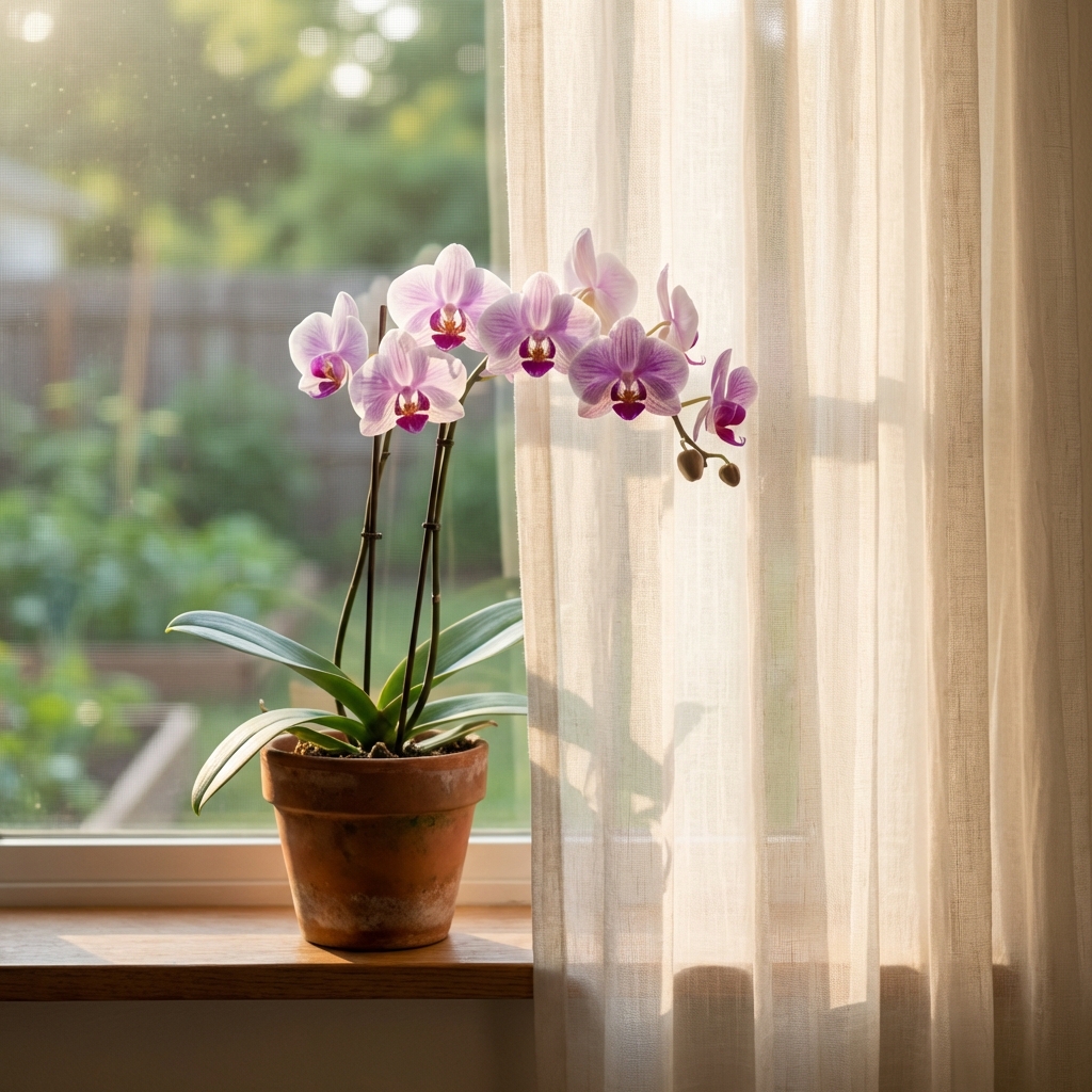 A single orchid plant near an east-facing window with a sheer curtain filtering sunlight