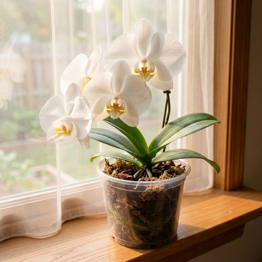 A single orchid plant positioned near an east-facing window with a sheer curtain filtering the light