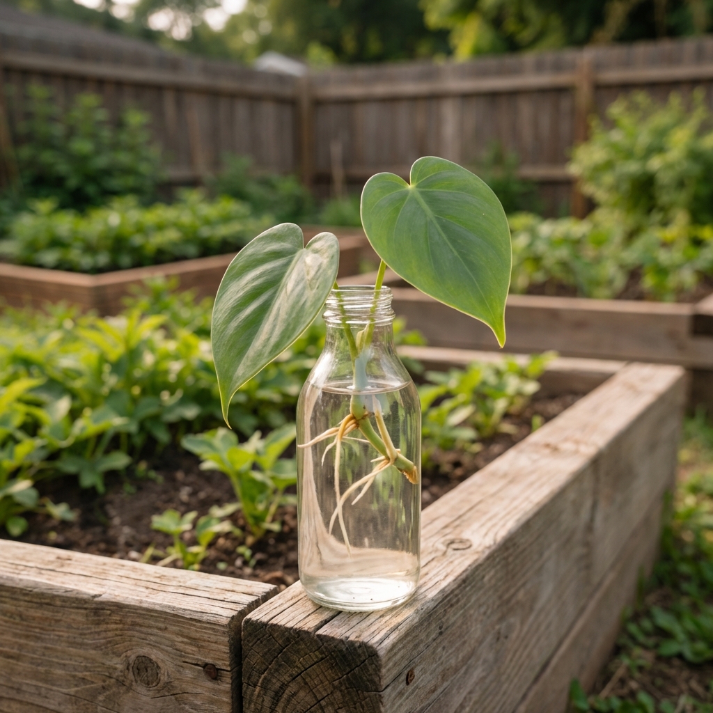 A single philodendron cutting in a small recycled glass bottle with two leaves and fresh roots