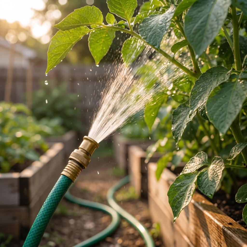 A single photograph of a garden hose spraying water onto the underside of leafy plant foliage in a backyard