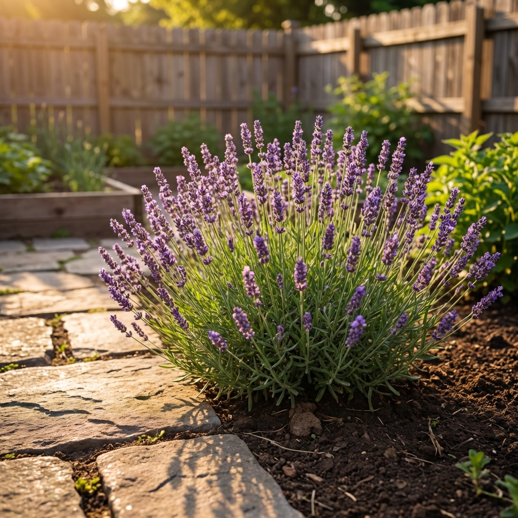 A single real lavender plant in bloom growing along a garden walkway in full sun